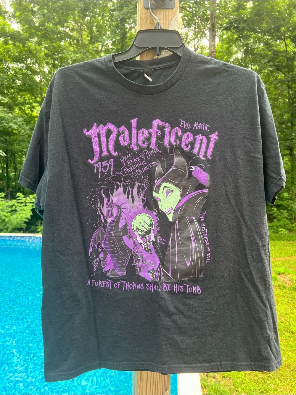 Gildan Black Maleficent Tee with Purple & Green Print